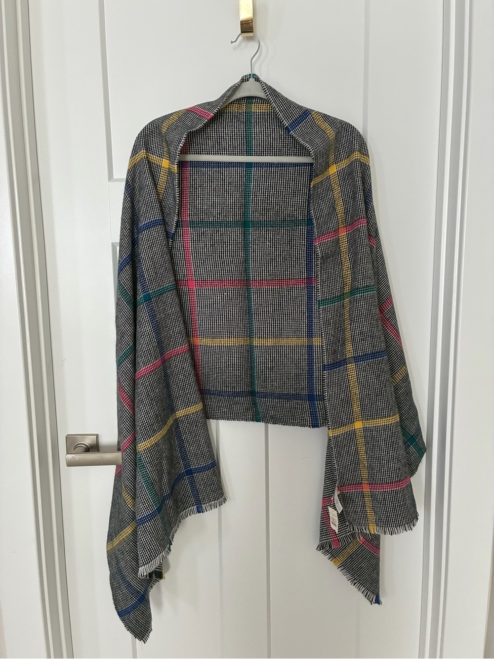 NWT Talbots Gray Plaid Shawl Jacket with Pink, Yellow, Blue & Green Windowpane